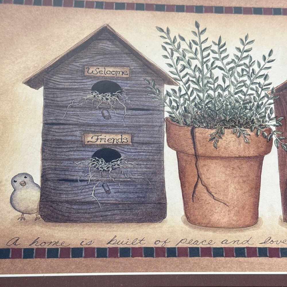 Linda Spivey Art Print Wood Framed Birdhouse w/Potted Plant 23" x 13” God Bless - Picture 7 of 9